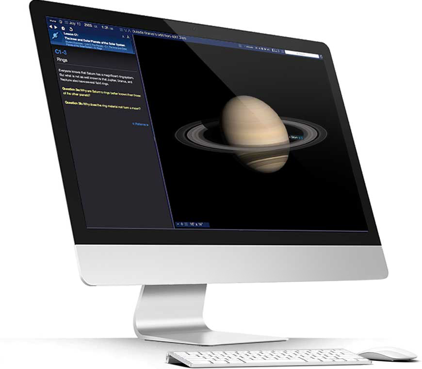 Apple iMac running Starry Night Middle School software showing a planet Saturn simulation
