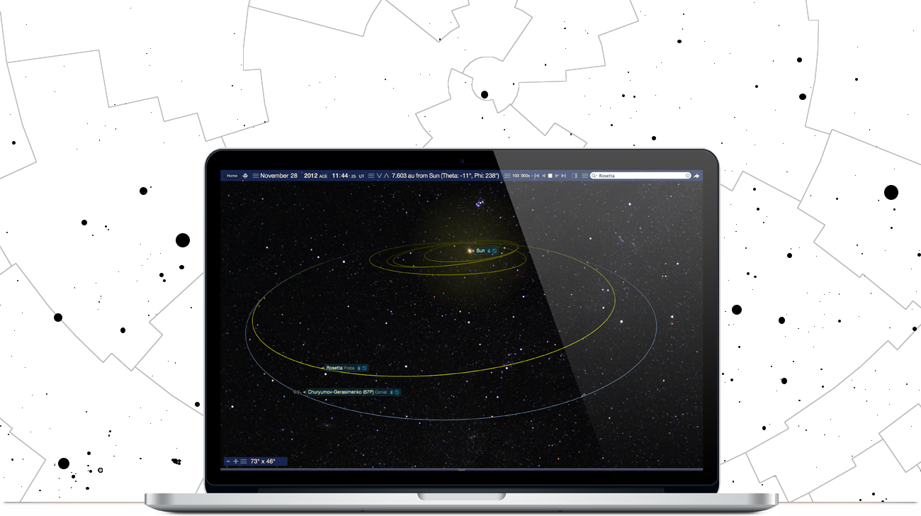 Apple Macbook Pro running Starry Night High School software showing the Rosetta space mission simulation